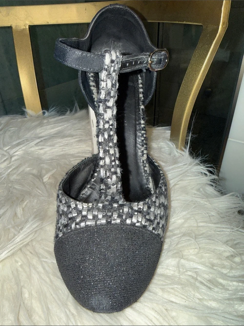 Chanel Black/Monochrome Tweed Fabric Chain T Strap Pumps Size 38.5